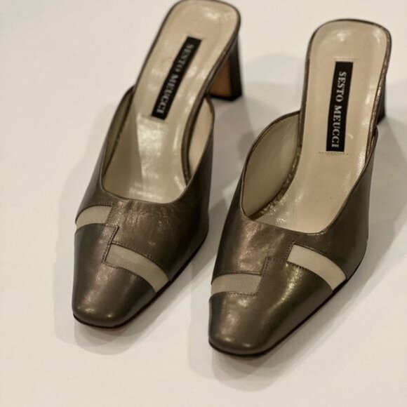 Sesto Meucci grey metallic toned Italian leather heeled mules netting size 6.5 - Picture 3 of 10